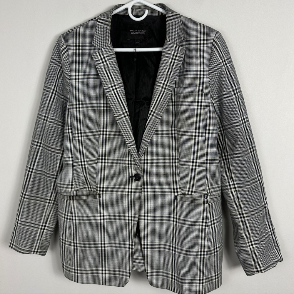 Banana Republic Long Lean Bistretch Blazer Jacket Plaid Womens Sz 12 Black White